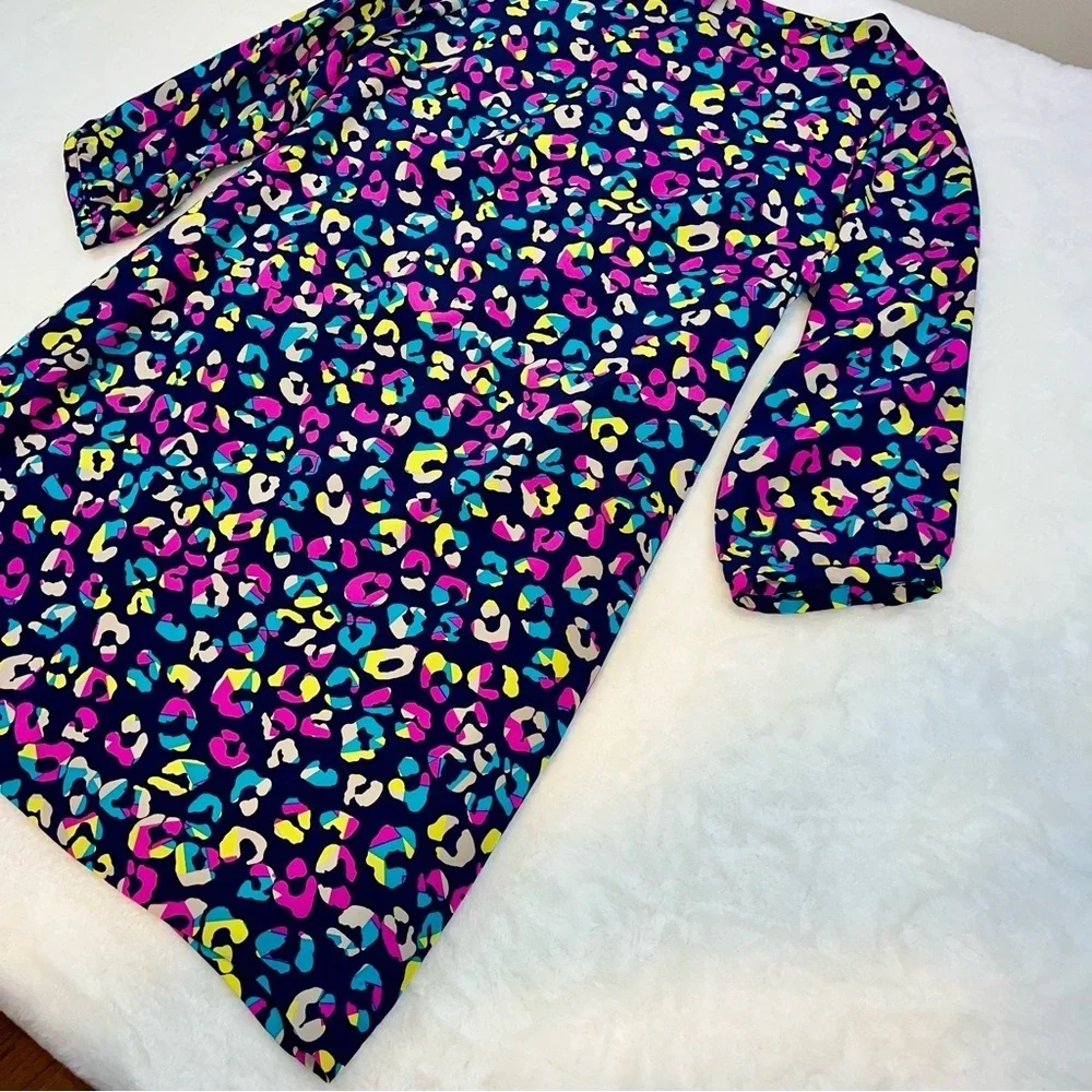 Britt Ryan 100% Silk Dress Large Navy Multicolor 3/4‎ Sleeve Made In USA